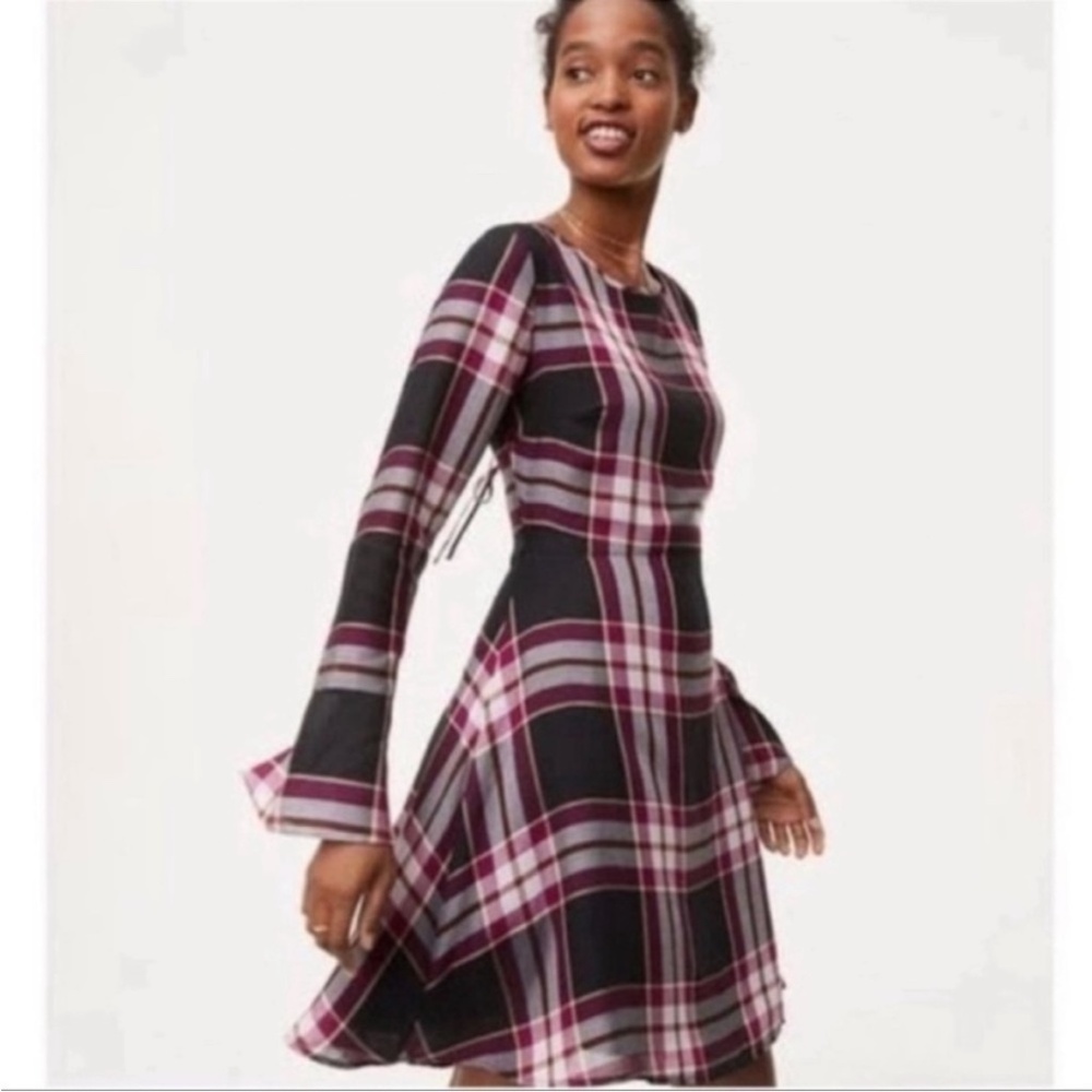 Loft Black and Pink Tie Back Bell Sleeve Gingham Plaid Dress